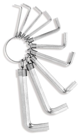 overhead shot of keyring of hex allen keys on white background