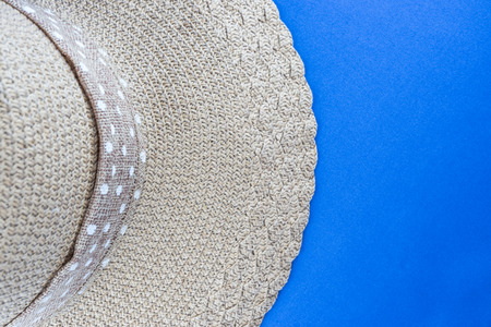 Top view of beach summer hat with ribbon and copy spaceの写真素材