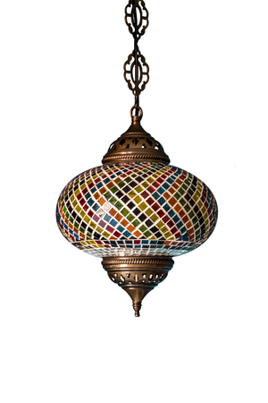 Beautiful chandelier light with colorful decorated in indian style isolated on white backgroundの写真素材