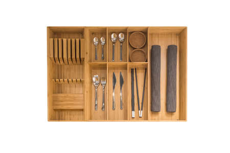 Wooden box of utensils storage. Easy to fit in kitchen drawer for  spoon, fork and other isolated on...