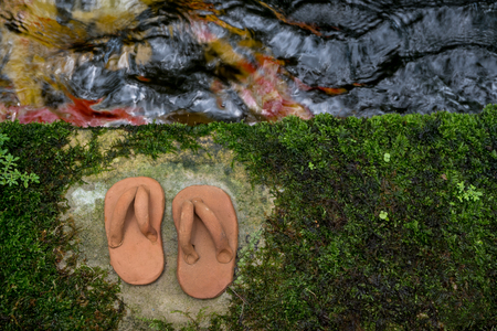 Sculpture of sandal made from baked clay with blurred crap in pond in the gardenの写真素材