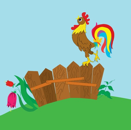 Background. A beautiful cock on a fenceのイラスト素材