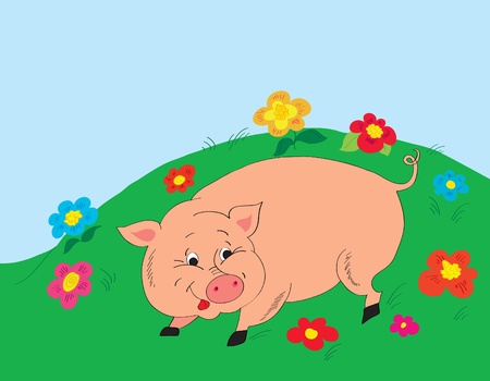 Background. A cheerful pig on a glade with colorsのイラスト素材
