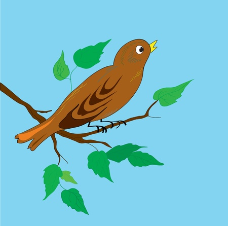 Bird on a branch with leaves against the skyのイラスト素材