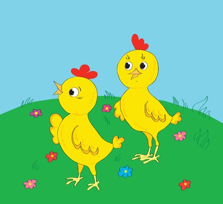 Two cheerful chickens on a glade with colorsのイラスト素材