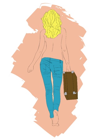 The harmonous blonde in jeans and with a suitcase.のイラスト素材
