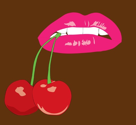 Female lips with a juicy cherry.のイラスト素材