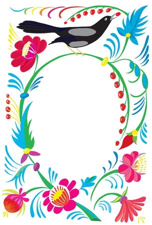 Flower ornament with a bird pecking a mountain ash.のイラスト素材