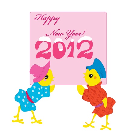 Two chickens with a card for new year.のイラスト素材