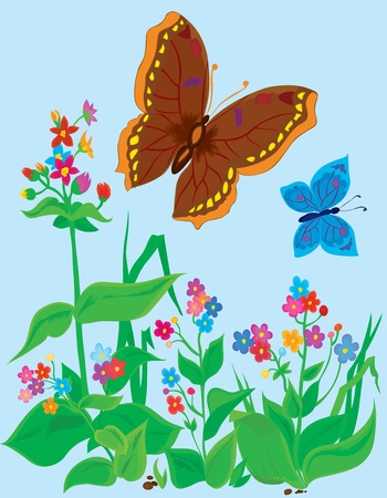 Summer landscape. Butterflies with flowers のイラスト素材