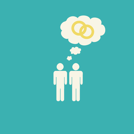 Simple gay marriage graphic with two male stick figures holding hands and two wedding rings inside a thought bubble.の写真素材