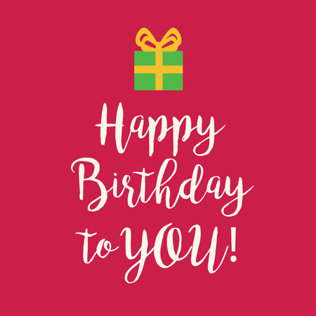 Cute Happy Birthday to You card with a handwritten text and an green wrapped birthday gift with orange ribbon bow on a pink background.のイラスト素材