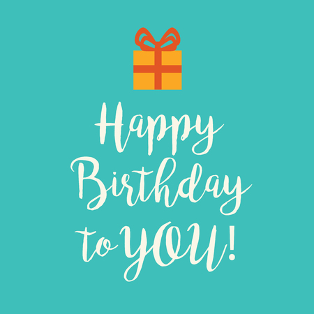Cute Happy Birthday to You card with a handwritten text and an orange wrapped birthday gift with red ribbon bow on a teal blue background.の写真素材