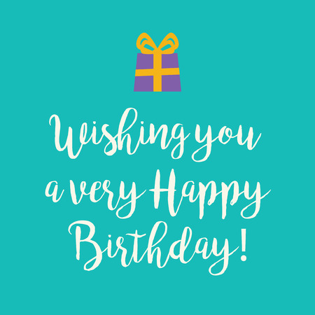 Cute Happy Birthday to You card with a text and an purple wrapped birthday gift with orange ribbon bow on a teal blue background.の写真素材