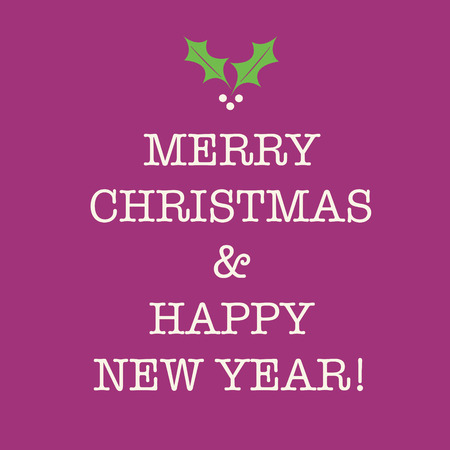 Purple pink Merry Christmas and Happy New Year greeting card with holly.の写真素材
