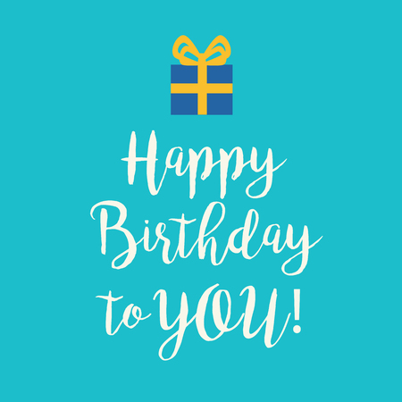 Cute Happy Birthday to You greeting card with a handwritten text and a blue wrapped birthday gift with yellow ribbon bow on a turquoise blue background.のイラスト素材