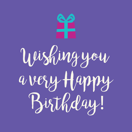 Cute Wishing you a very Happy Birthday greeting card with a text and a pink wrapped birthday gift with blue ribbon bow on a purple background.のイラスト素材