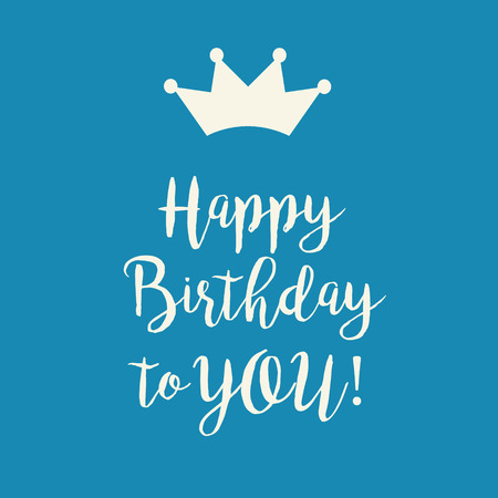 Cute Happy Birthday card with a text and a crown on a blue background.の写真素材