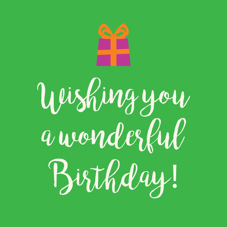 Cute Wishing you a very Happy Birthday greeting card with a text and a purple wrapped birthday gift with orange ribbon bow on a green background.のイラスト素材