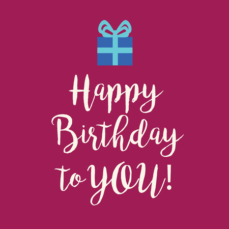 Cute Happy Birthday to You greeting card with a text and a blue wrapped birthday gift with teal ribbon bow on a pink fuchsia background.のイラスト素材