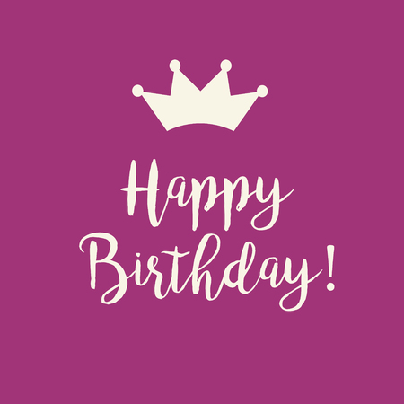 Cute Happy Birthday card with a text and a princess crown on a pink purple background.の写真素材