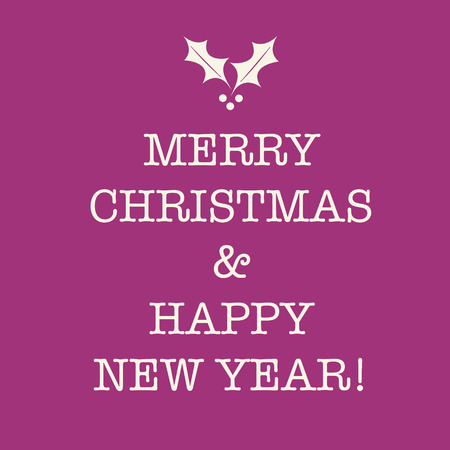 Purple pink Merry Christmas and Happy New Year greeting card with holly.の写真素材