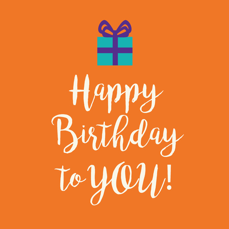 Cute Happy Birthday to You greeting card with a handwritten text and a blue wrapped birthday gift with purple ribbon bow on orange background.のイラスト素材