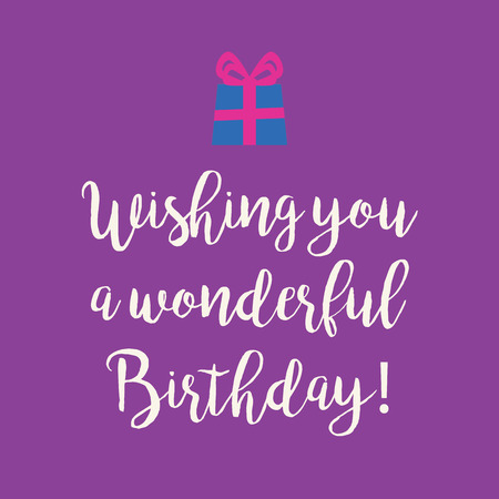 Cute Wishing you a very Happy Birthday greeting card with a handwritten text and an blue wrapped birthday gift with pink ribbon bow on a purple background.のイラスト素材