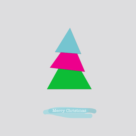 Cute Merry Christmas greeting card with a folded blue pink green paper tree.の写真素材