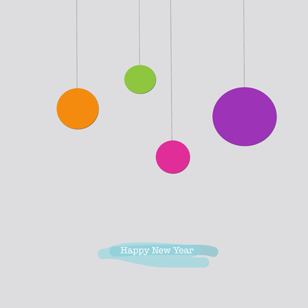 Cute Happy New Year greeting card with orange purple pink green Christmas baubles ornaments.の写真素材