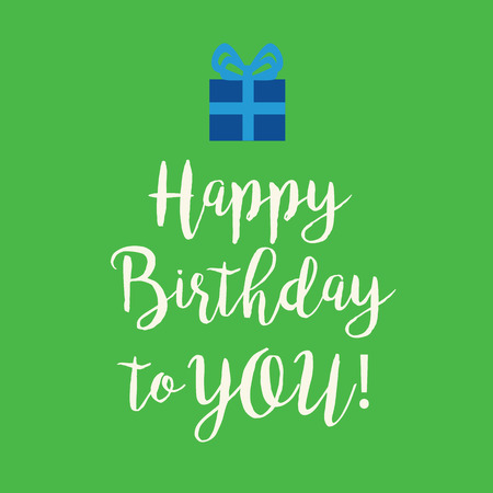 Cute Happy Birthday to You greeting card with a handwritten text and a blue wrapped birthday gift with ribbon bow on a green background.のイラスト素材