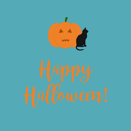 Cute Happy Halloween card with a scary carved pumpkin and black cat on a blue background.の写真素材