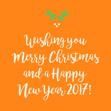 Orange Merry Christmas and Happy New Year greeting card with holly.の写真素材