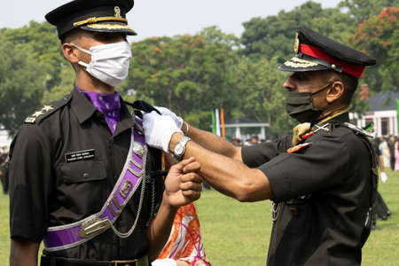 Dehradun, Uttarakhand/India- August 15 2020: Newly commissioned Army officer getting rank from his...
