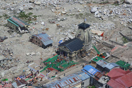 Kedarnath temple aerial view after Kedarnath Disaster 2013. Heavy loss to people & property happened. Worst Disaster.landslide, flood, cloudburst in indiaの写真素材