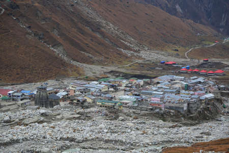 Kedarnath temple aerial view after Kedarnath Disaster 2013. Heavy loss to people & property happened. Worst Disaster.landslide, flood, cloudburst in indiaの写真素材