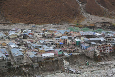 Kedarnath temple aerial view after Kedarnath Disaster 2013. Heavy loss to people & property happened. Worst Disaster.landslide, flood, cloudburst in indiaの写真素材