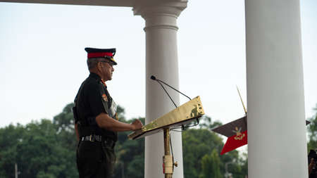 Dehradun, Uttarakhand India August 15, 2021. An Indian army officer at passing out parade after 18-month tough training at Indian Military Academy IMA. High-quality Apple prores 4k slow motion.のeditorial素材