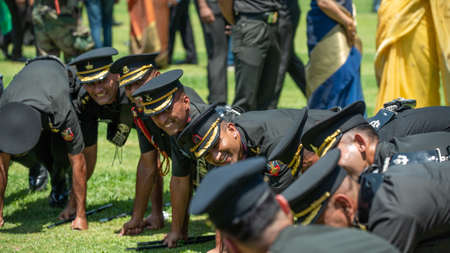 Dehradun, Uttarakhand India August 15, 2021. Indian army officers celebrate after passing out a parade at Indian Military Academy IMA.のeditorial素材