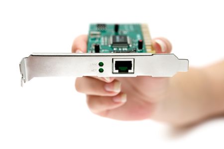 Woman holding computer hardware. Shallow depth of field. White background.の写真素材