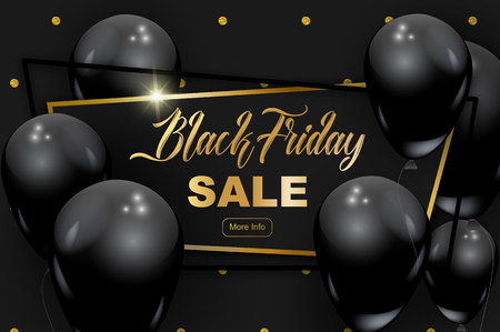 Black Friday banner, vector illustration. Gold glitter dots pattern, luxury frame, golden calligraphic text, black realistic balloons. Graphic design elements for flyer, sale promo.のイラスト素材