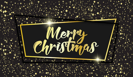 Merry Christmas 2018 celebration card concept, vector illustration. Golden confetti falling over black background, elegant black frame, sparkles and hand written calligraphic text.のイラスト素材