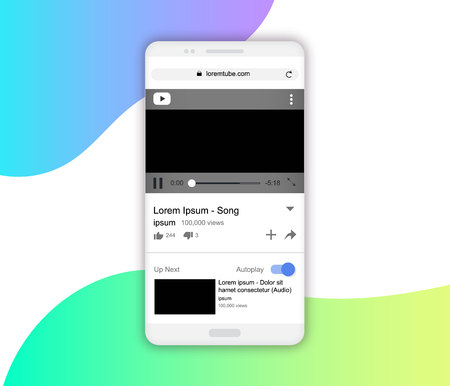 Realistic white smartphone mockup, vector illustration. Video player screen, portrait mode, empty screens. Media player network template design.のイラスト素材