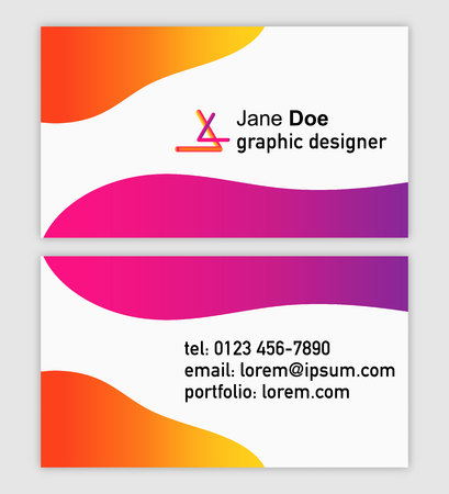 Business card template for graphic designer, vector illustration. Front and back view with abstract flowing gradients in vivid colors, 3D logo style, text.のイラスト素材