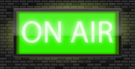 On Air broadcast radio sign on black bricks wall background, vector illustration. Glowing green neon badge, studio warning board.のイラスト素材