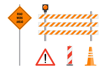 Road works signs set, flat vector illustration. Work road ahead, orange warning sign, striped warning posts, barricade, traffic cone, cartoon elements set. Traffic caution warning signs concept.のイラスト素材