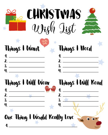 Christmas Wishlist for kids, vector illustration. Cute cartoon hand drawn elements, presents, fir tree, mittens, hat. Holiday card, isolated on white background. Christmas Wish List template.のイラスト素材
