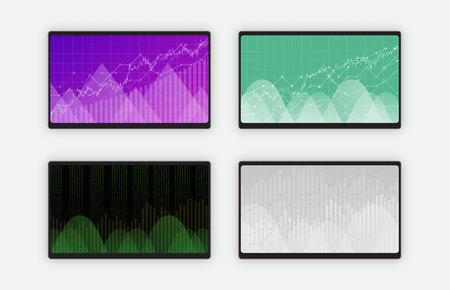 Business data graph charts and diagram on black tablet screen, vector illustration. Trend lines, waves, market economy information set of four tablet screens isolated on white background.の写真素材