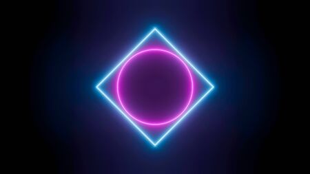 Neon frame made of glowing geometric shapes on black background. Futuristic laser led design with space for text. Disco club flyer template.の写真素材