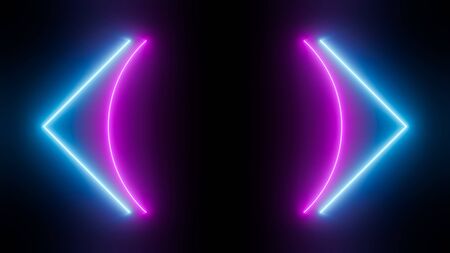 Neon futuristic tunnel frame on black background, laser led illustration. Glowing geometric shape in pink and blue colors, minimalist disco party invitation template with space for text.の写真素材